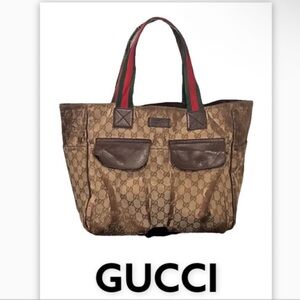 Authentic Gucci luxury designer signature Web GG canvas & leather tote bag purse